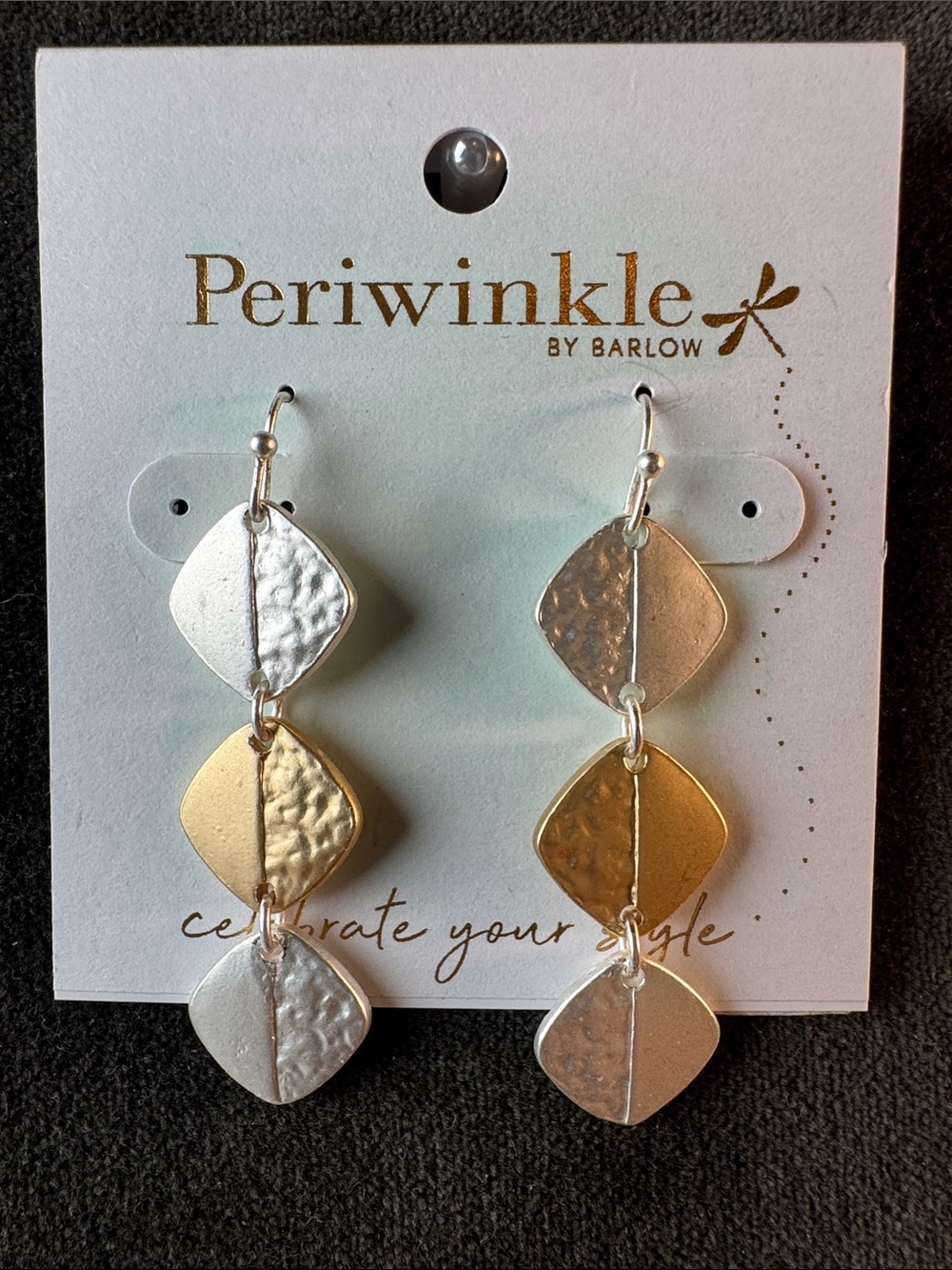 0433-Periwinkle Two-Tone Hammered Drop Earrings - Silver‎ & Gold